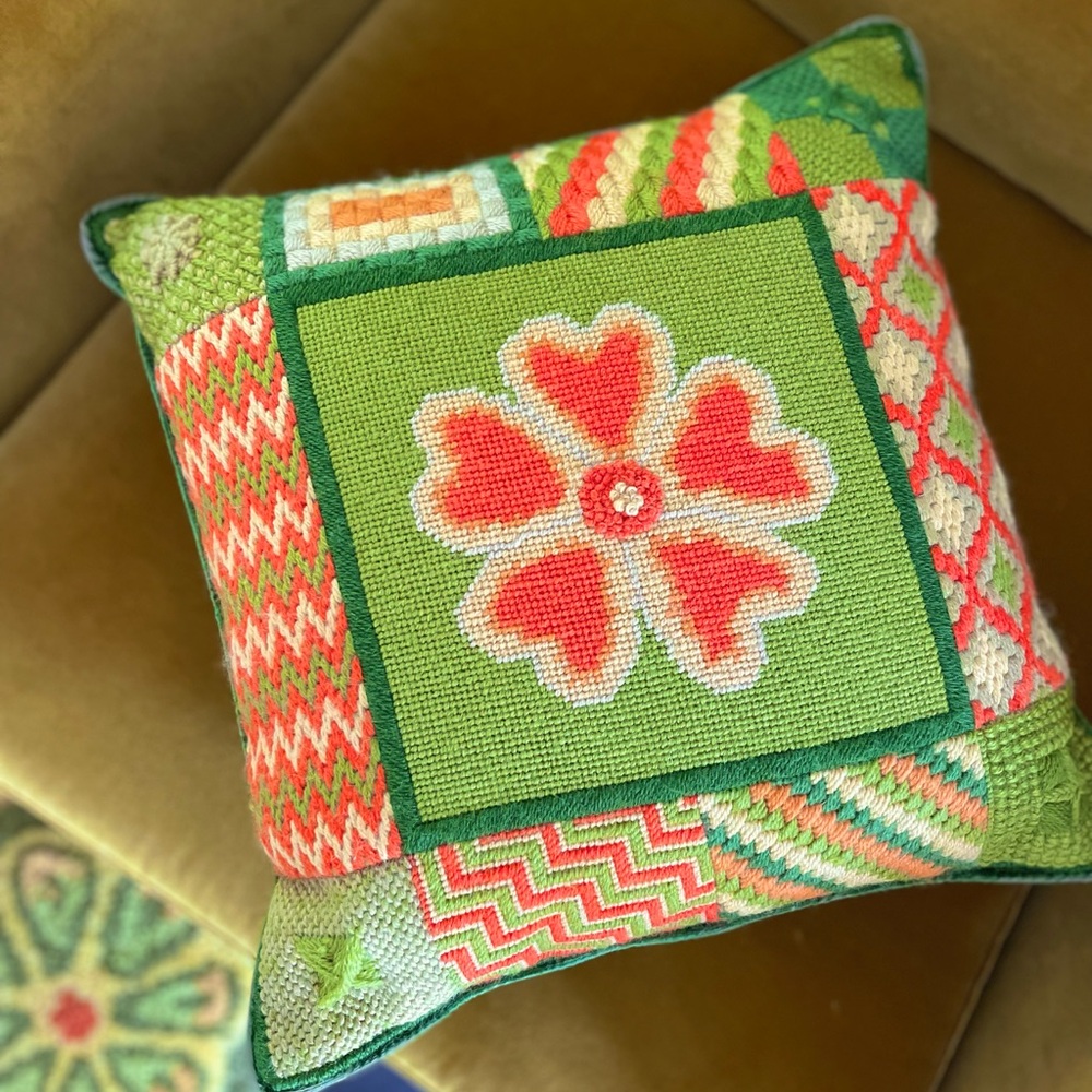 70s Flower Power Needlepoint Throw Pillow - Picture 3 of 5